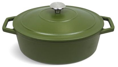 QULINART Cocotte en fonte d'acier ovale 4.7L couvercle en fonte avec poignée en inox sans PFOA, Compatible tous feux dont induction, four, réfrigérateur, congélateur, lave-vaiselle - Vert Mat Ø 30 cm