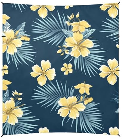 Tropischer Stil Blume Palme Blätter Gelb und Blau Strandüberdachung LSF 50+ Schutz Wasserdicht Outdoor Sonnenschutz mit Tragetasche für Hinterhof, Grasland, Park