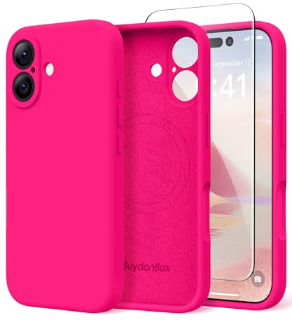 SuydanBox Magnetic for iPhone 17 Case, Compatible with MagSafe, [Full Camera Protection][Screen Protector] Silicone Shockproof Protective Phone Case for iPhone 17 6.3, Hot Pink