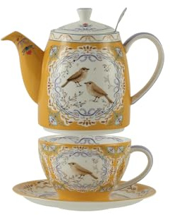 London Pottery Bone China Teapot Set, Teapot and Server Set for One, Animal Pattern Teapot Cup and Saucer Set (Bird)