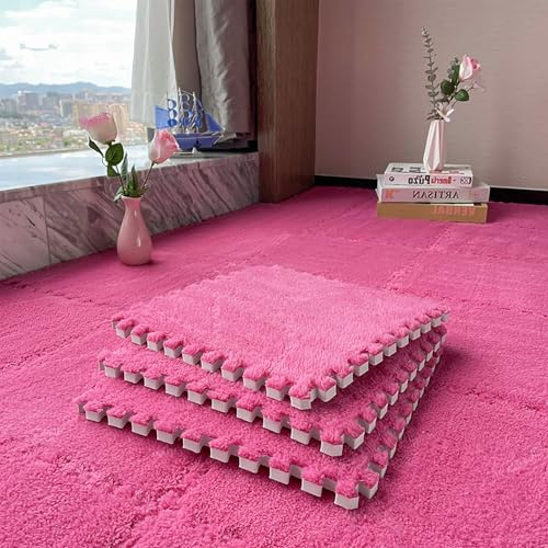 MeYuxg 12 tappetini in peluche a incastro per pavimento, 30 x 30 x 1 cm, con bordo, morbidi tappetini da gioco per bambini, soggiorno, camera da letto, tappeto puzzle (rosa)