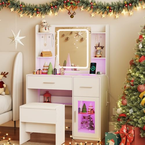 YOSHOOT Dressing Table with LED Lighting Mirror, Glass Top Charging Station, Vanity Table with 2 Drawers, Side Cabinet, Makeup Desk with Upholstered Stool for Cloakroom and Bedroom,90*40*140cm（White）