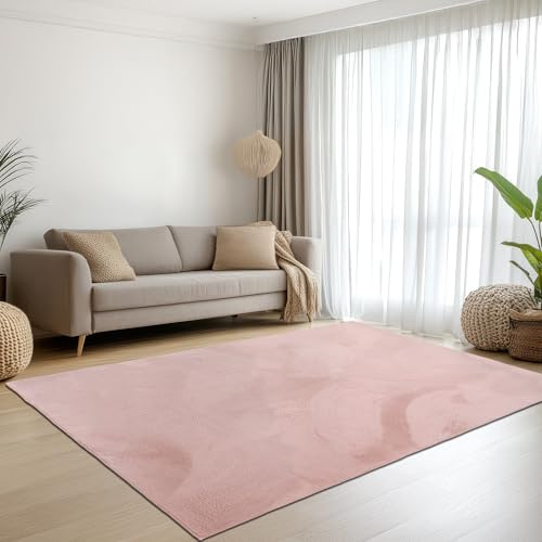 Teppich-Traum Teppich Wohnzimmer Schlafzimmer Kurzflorteppich Hasenfell Kunstfell Optik seidig weich samtig glänzend pflegeleicht hochwertig einfarbig rosa 160 x 230 cm