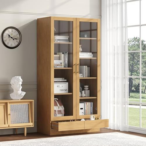 Moimhear Vitrina de cristal, estantería, estantería de almacenamiento, estantes escalonados, estantes no ajustables, cajones push to abiertos sin asas (80 x 40 x 160 cm, color madera)