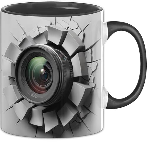 3D Kameraobjektiv Tasse Geschenk Kameraobjektiv Durchbruch Wand Spruch Geschenkidee für Kameraobjektiv Liebhaber (Schwarz)