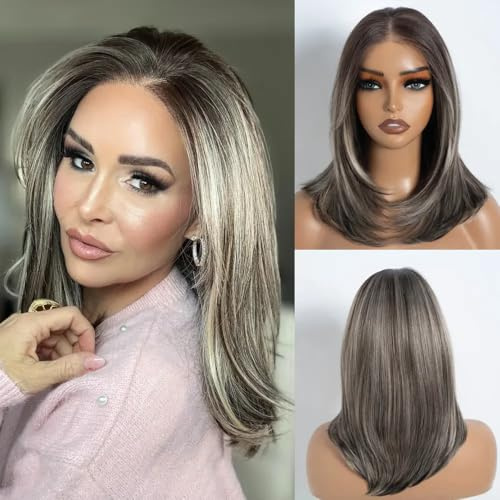 STYLE ICON Blonde kurze gestufte glatte Perücke für Frauen 16 Zoll vorgeschnitten 13x3 Lace Front mit dunklen Haarwurzeln Synthetisch Kleberfrei (NTG6/23E)