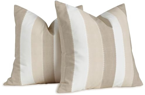 Brylleii 2er Set Kissenbezug Weiss Gestreift Muster 40 x 40 cm Beige Braun Kissenbezüge Moderne Leinen Dekorative Kissen Vintage Sofa Kissenhülle für Wohnzimmer Couch Outdoor Waschbar Bezug