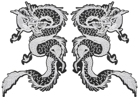 NBEADS 2 Stück Große Gestickte Drachenapplikation, Drachen Aufnäher Zum Aufnähen Polyester Stickerei Bügelaufnäher Für DIY Kostüme Hoodies Jacken Jeans Hosen Taschen, 34x20.8cm, Lichtgrau