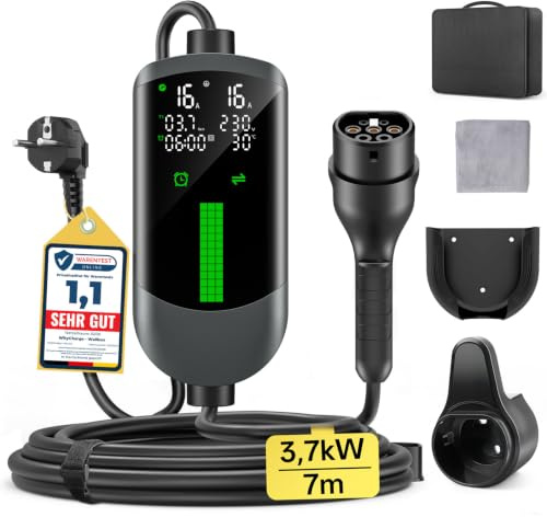 Colonnina Ricarica Auto Elettrica Wallbox - 3,7kW/7M/6-16A Carichino Auto Elettrica Portatile con LCD Digitale e Supporto, Caricabatterie Ritardato, IP65, Compatibile con EVs(IEC 62196-2) & PHEVS