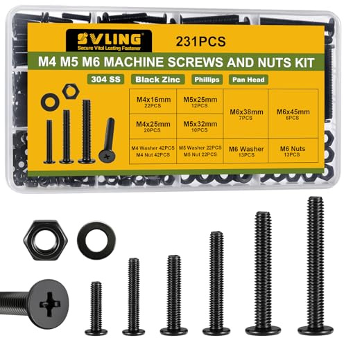 SVLING 231Pcs Machine Screws and Nuts Assortment Kit,M4 M5 M6 Phillips Flat Round Head 304 Stainless Steel Metric Nuts and Bolts Washers Kit Black,for Wall Plate Switch/Furniture Assembly