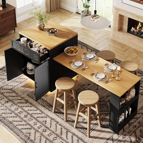 Kelodan Isola della cucina/Armadio da cucina/buffet/tavolo da bar, carrello fisso con tavolo allungabile, 2 cassetti, 4 ante, nero/bianco.