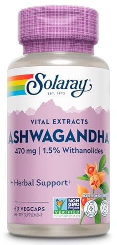 SOLARAY® Ashwagandha. 60 VegCaps en Cápsula blanda. Alivio de la ansiedad. Extracto estandarizado de raíz Ashwagandha. Hierba utilizada en la tradición Ayurveda. Sin gluten. Apto para veganos.