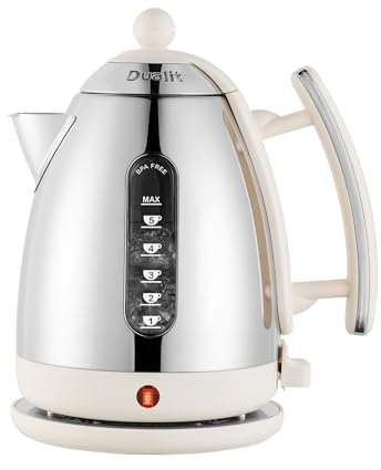 Dualit Lite Bouilloire Electrique Inox 1,5 L - Bouilloire Vintage Chromée Ultra Brillante avec Finitions Blanches - Bouilloire Design Ébullition Rapide & Sans BPA