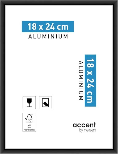 accent by nielsen Bilderrahmen, 18 x 24 cm, Aluminium, Schwarz matt, Fotorahmen zum Auftstellen und Aufhängen im Hoch- & Querformat, Echtglas, Accent
