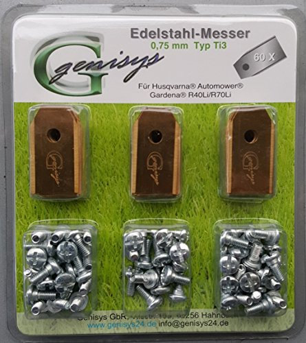 Genisys Messer mit Titan-Beschichtung (Ti3=0,75mm) Schrauben kompatibel mit Husqvarna Automower®, Gardena R40Li / R70Li (60)