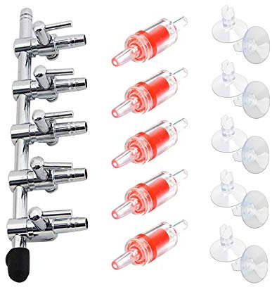 BornFeel Aquarium Air Flow Control Valve Lever 16 in 1 Kit 5-Way Air Pump Splitter & 5 Non-Return Check Valves & 10 Suction Cups for Fish Tank Pond