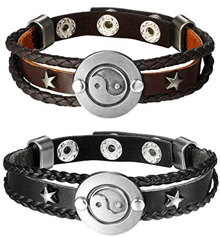 Flongo Leder-Armband Partnerarmband BFF Armbänder Freundschaftsarmband für 2, Leder Armband Armreif Lederarmband Kordelkette Damen Herren Schwarz Braun Tai Chi Yin und Yang