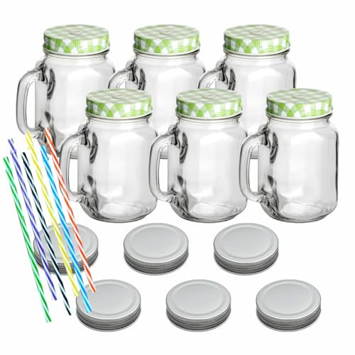 gouveo 6er Set Trinkgläser 450 ml mit Deckel grün, silberfarben - Trinkglas mit Henkel und Mehrweg-Trinkhalm - Henkelgläser mit Deckel - Cocktail-Glas für Garten (TGH450SGR)