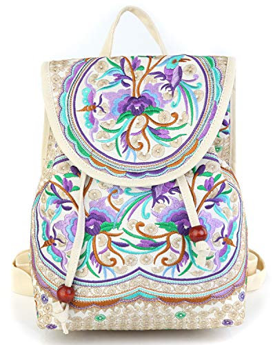 Goodhan Vintage bestickter Damen-Rucksack, ethnische Reise, Handtasche, Umhängetasche, Beige, Violett, 12x10x5 inch, Tagesrucksäcke