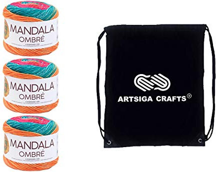 Lion Brand Mandala Ombre Happy 551-206 (3 Knäuel – gleiche Farbstofflose) Kammgarn Nr. 4, Acrylgarn zum Häkeln und Stricken, Bündel mit 1 Artsiga Craft-Projekttasche