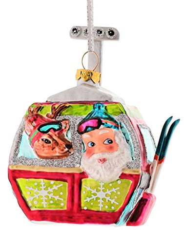 Christbaumschmuck Weihnachtsdeko Tannenbaumschmuck X-Mas Hänger Santa und Rentier in der Skigondel rot