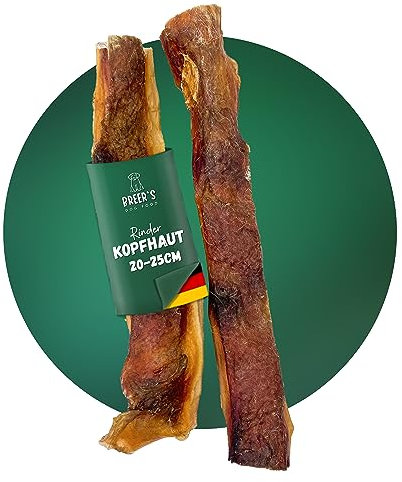 BREERs Peau de tête de bœuf séchée pour chiens 25 cm, 500 g de friandises, sans céréales, fabrication allemande, article à mâcher pour chiens de grande taille