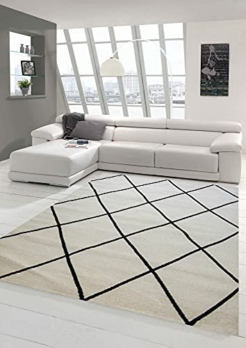 Teppich-Traum Skandinavischer Stil Wohnzimmerteppich Rautenmuster - pflegeleicht - Creme schwarz Größe 140x200 cm