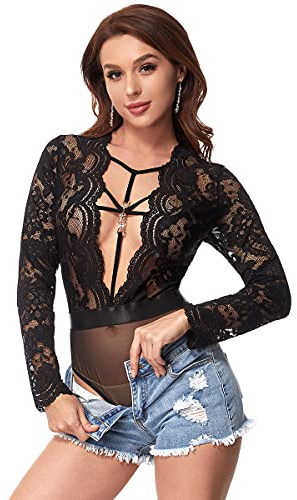 LINGERLOVE Sexy Teddy Lingerie for Woman One Piece Lace Bodysuit Nightwear Long Sleeve Babydoll Deep V Neck Top S-4XL