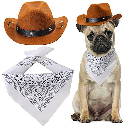 Yewong Cowboy-Kostüm-Zubehör für Hunde und Katzen, Haustiergröße, Cowboyhut und Bandana, West-Zubehör für Welpen, Kätzchen, Party, Festival und tägliches Tragen, Set mit Kaffeehut und weißem Bandana