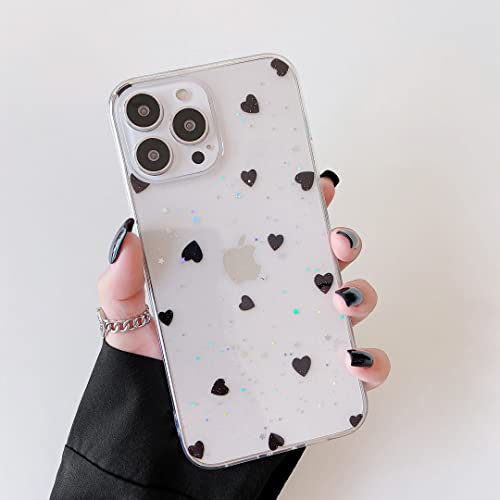 DEFBSC for iPhone 13 Pro Max Case, Clear Glitter Love-Heart Shape Design Transparent Shockproof TPU Protective Phone Cover - Black