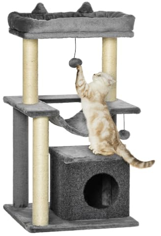 PawHut Albero Tiragraffi per Gatti Adulti Corda Sisal Casetta 90cm Grigio | Graffiatoio Castello per Gatti, Cuscino e Amaca, 2 Palline, Rivestimento in Peluche e Feltro