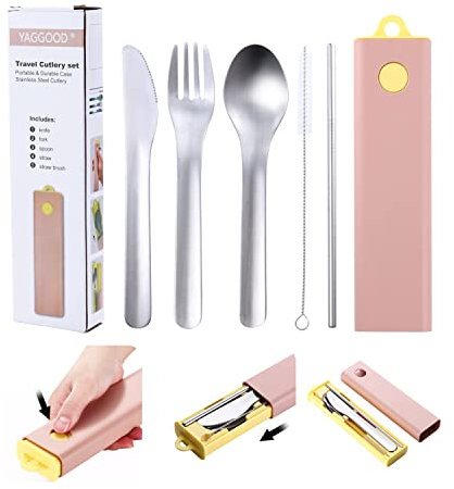 Travel Cutlery Set to GO | Portable Reusable Set With Knife, Fork, Spoon, Straw, Brush for Home/Travel/Camping - Case Included (Pink & Yellow)