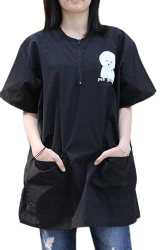 WAYUTO Kurzärmeliger Haustierpflege-Kittel mit Reißverschluss, Hundepflege, Arbeitskleidung mit 2 Taschen, Haustierpflege, Arbeitskleidung für Haustiergeschäfte, Herren, Damen, Bichon, Größe M