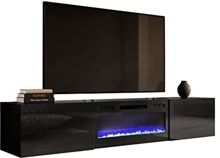 Mirjan24 TV Schrank mit Elektrischem Kamin Slide 200 Fernsehschrank TV Lowboard Griffloses Öffnen Hängeschrank Elektrischer Kamin, Heizung Realistische LED-Flamme (schwarz/schwarz Hochglanz)