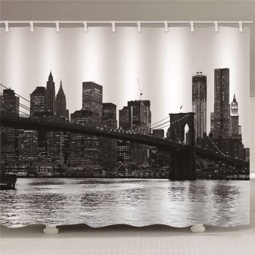 BOVZOX Rideau de Douche Noir et Pont de la Ville de New York Ètanche Anti-Moisissure Rideau Salle de Bain Polyester Impression Lavable avec 12 Crochets en C pour Domicile Baignoire Cabine de Douche