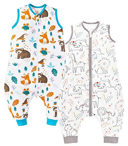 Chilsuessy 2er Pack Baby Schlafsack Sommer mit Füßen 0.5 Tog 100% Baumwolle Kinder Sommerschlafsack für Jungen und Mädchen, Glück Tiere+Waldtiere, 70 cm (1er Pack)