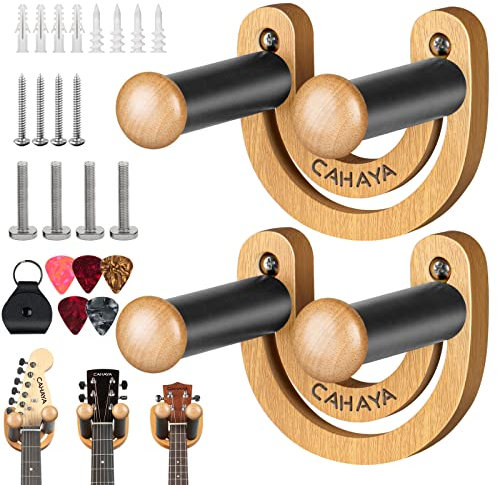 CAHAYA Gitarren-Wandhalterung 2 Stück mit verstellbarem U-förmigem Haken mit 5 Plektren und 1 Plektrentasche für Akustik-E-Bass-Banjo-Ukulele-Mandoline CY0297-1