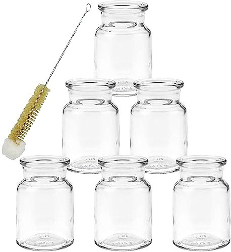 Vintage Glasfläschchen - Dekorative Tischvasen im Retro-Stil - 6er Set mit Flaschenbürste - 6 x Kleine Glasvase 9 cm Glasflaschen inkl. Flaschenbürste