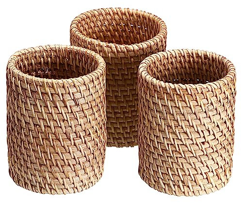 BSTKEY 3 Pcs Rattan Pencil Holder Desk Organizer, Handmade Woven Stationery Storage Organizer Pen Holder Cosmetic Brush Pot Stand (Cylinder)