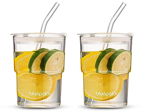 BLUEPOLAR 13oz/400ml Glass Water Tumbler with Straw and Lid Sealed Carry On Thick Wall Iced Coffee Cup Glass Cup for Water, Iced Tea Fruit Juice Etc (Aurora White,2Pack…