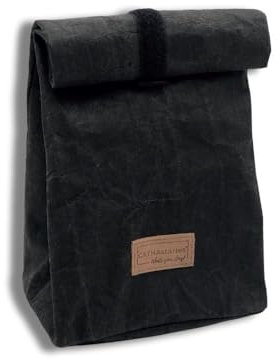 CATHAstories nachhaltige & ökologische Lunchbox, Lunch Bag mit flexiblem Rolltop-Verschluß. Waschbare Lunchbag, Brotzeittüte für Mittagessen & Freizeit. Lunchtasche Made in Germany. Farbe Schwarz