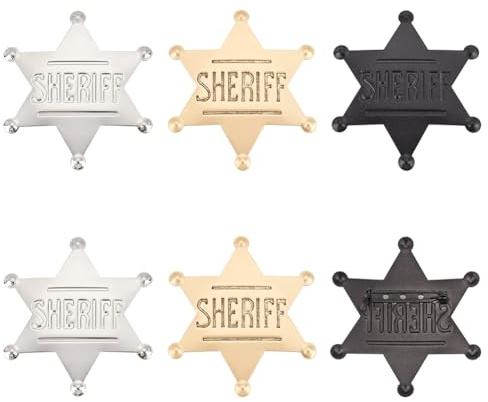 FINGERINSPIRE 6 Stück Western Sheriff Abzeichen Metall Hexagramm Sheriff Brosche Silber Goldener Schwarzer Stern mit Wort Sheriff Pin Vintage Anstecknadeln für Kostümzubehör Retro Brustnadel