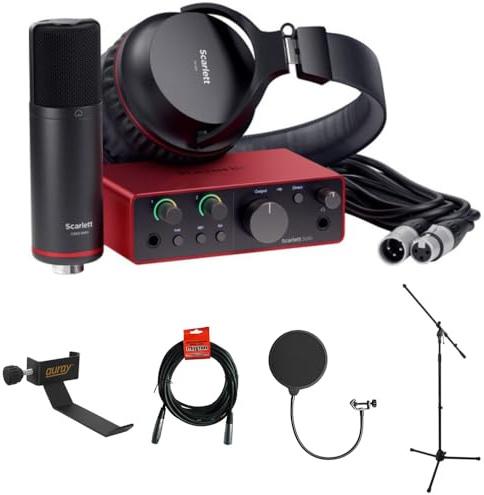 Focusrite Scarlett Solo Studio USB-C Audio-Interface mit Mikrofon und Kopfhörern (4. Generation) Bundle mit Klemm-Kopfhörerhalter, Stativ-Mikrofonständer + Galgen, Kellopy Pop-Filter & XLR-Kabel