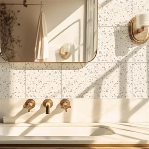 Fliesenaufkleber Bad 20x20cm Weißer Terrazzo Klebefliesen Küchenrückwand Folie Selbstklebende Fliesen Fliesenaufkleber Küche Badezimmer Fliesenfolie Vinyl Selbstklebend Wasserdicht
