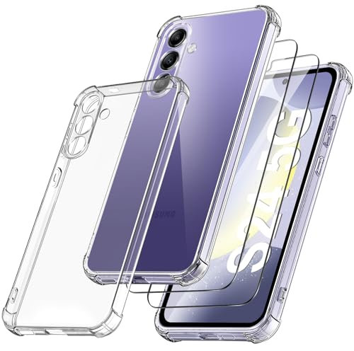 FLLAO Coque Antichoc Compatible avec Samsung Galaxy S24 5G et 2 Pièces Protection Écran en Verre Trempé, Étui de Silicone Mince Souple TPU Bumper Coins Renforcés Housse, Transparent