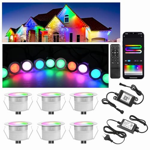 6er WIFI RGB+IC Bodeneinbaustrahler Aussen, Ø31mm 12v Led Einbaustrahler Led Bodeneinbauleuchten Treppenbeleuchtung Led Mini Spot, IP67 Wasserdicht, APP Steuerbar, Kompatibel mit Alexa Google Home
