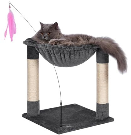 Oak & Tea Cat Scratching Post with Hammock Bed, Removable Cat Wand with Replacement Feather for Kitten small and Medium Cats, Dark Grey, 48cm