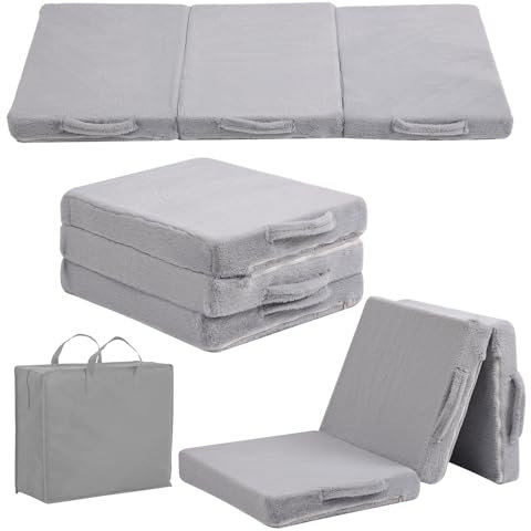 YOTATING Foldable Floor Mattress for Kids, Toddler Folding Futon Mattress, Kids Trifold Sofa Bed Convertible Children Portable Sofa with Storage Bag for Girls and Boys, Plush Grey