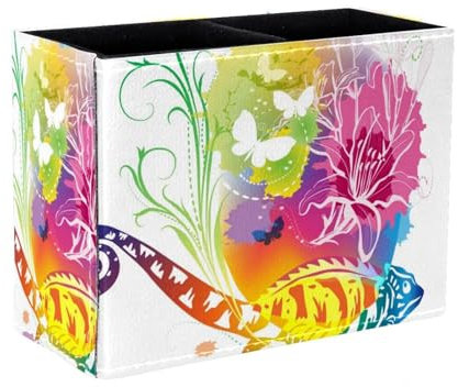 Eslifey Pen Holder Square Pencil Holder for Desk, Chameleon with Butterflies Pen Pot Pen Cup Makeup Brushes Holder Stand Display Desk Stationery Organiser for Home Office School