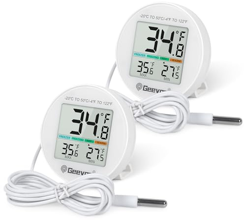 Geevon Refrigerator Thermometer 2 Pack IP65 Waterproof, with External Sensor, Fridge Temperature Monitor for Home Commercial, with LCD Screen, Stand and Magnetic Back, for Refrigerator, Freezer scenes